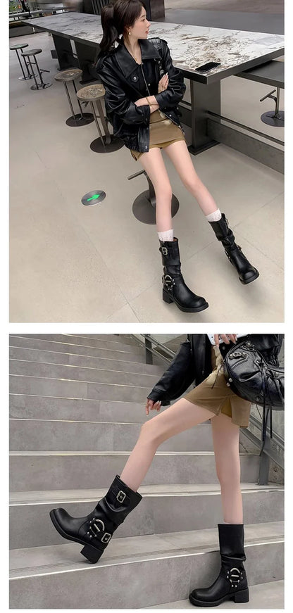 Bottes d'hiver de cowboy pour femmes, bottines décontractées à enfiler, fond épais, style moderne