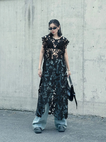 [EWQ] Chic belle Robe européenne à la mode femmes vêtements crochet à motifs découpe Robe sans manches Robe noire 2025 été nouveau