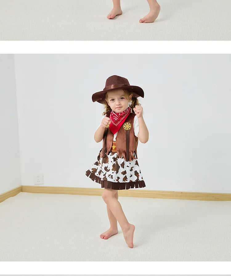 Robe de Cowgirl pour enfants, ensemble complet, Costume de Cowboy occidental, ensemble de 4 pièces, tenue de jeu de noël, vêtements d'halloween pour enfants