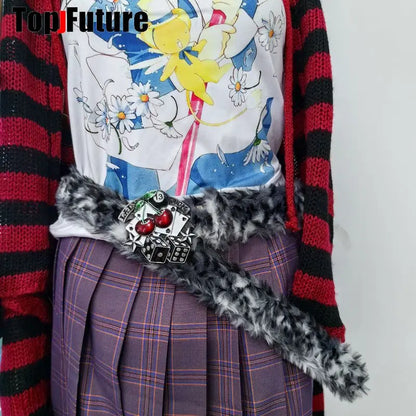 Y2K-Harajuku Western Cowboy Furry Snowleopard Punk Skull Belt, Gift for Women and Men, Girls