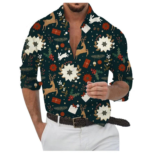 Merry Christmas Pattern Hawaiian Shirts For Men Colorful Decoration 3D Printed Blouse Casual Loose Aloha Shirts Long Sleeves Top