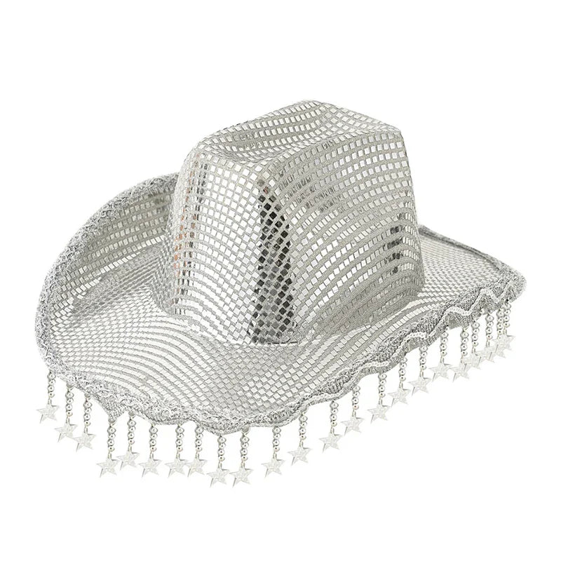 Creative Sequin Cowboy Hat for Women, Shiny Cowgirl Hat, Wide Brim Hat, Western Glitter Star, Tassel, Theme Party Cap, 2025