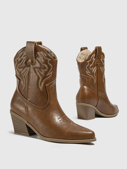 Aneikeh Autumn Winter Vintage Embroidered Large Western Cowboy Boots New Style Coarse Heel Pointed Ankle Barrel Knight Boots