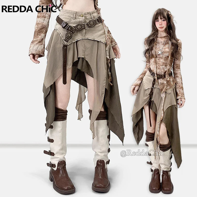 REDDACHiC Cowgirl Tulle point Denim jupe asymétrique Hippie rétro Rivets taille haute à volants jupe longue fluide été femmes vêtements