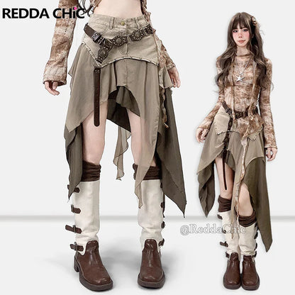 REDDACHiC Cowgirl Tulle point Denim jupe asymétrique Hippie rétro Rivets taille haute à volants jupe longue fluide été femmes vêtements