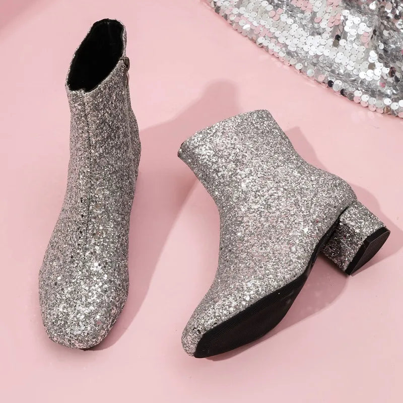 Bottes à paillettes et sequins pour femmes, avec fermeture éclair, talons épais, bottines à bout rond, chaussures de soirée pour femmes