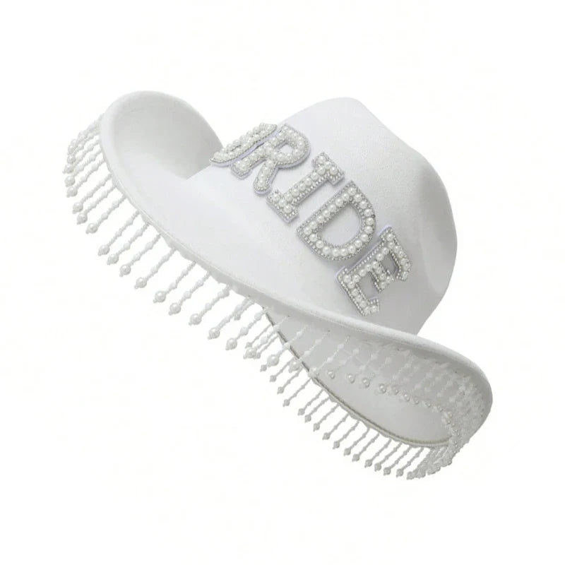 Cowgirl Hat for Bride Elegant Fringed Bead Hat Masquerade Party Letter Bride Hat Dropshipping