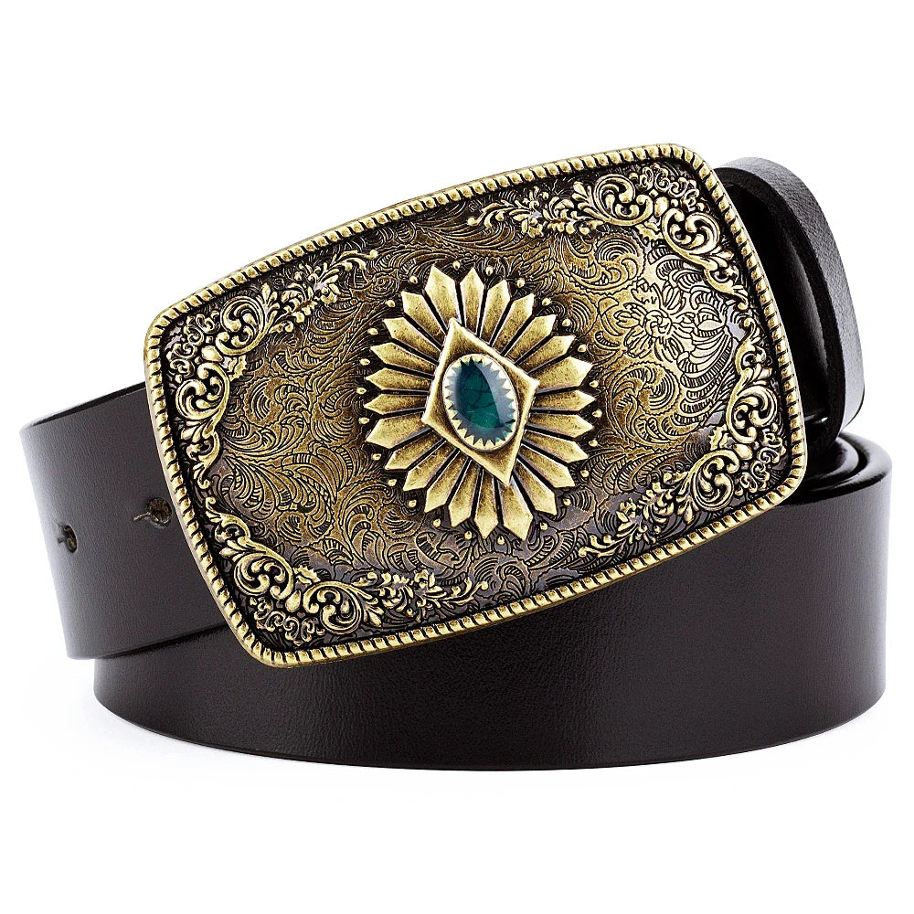 Ceinture classique en cuir véritable avec boucle émail saphir et motif floral sculpté en argent pour femmes et hommes, cadeau