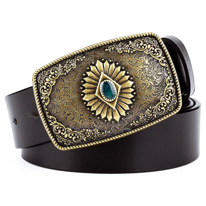 Ceinture classique en cuir véritable avec boucle émail saphir et motif floral sculpté en argent pour femmes et hommes, cadeau