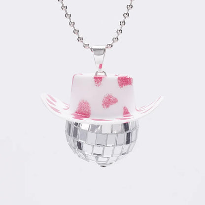 1Pcs Pink Cowgirl Cowboy Hat Disco Ball Neckalace 80s Silver Mirror Balls Pendant for Wedding Birthday Party Favors Decoration