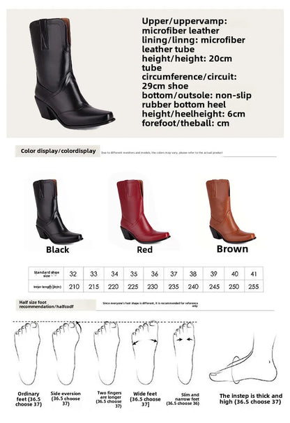 Bottes western rétro noires mi-mollet pour femme à talons épais gothiques, grandes tailles 34-48 777-11