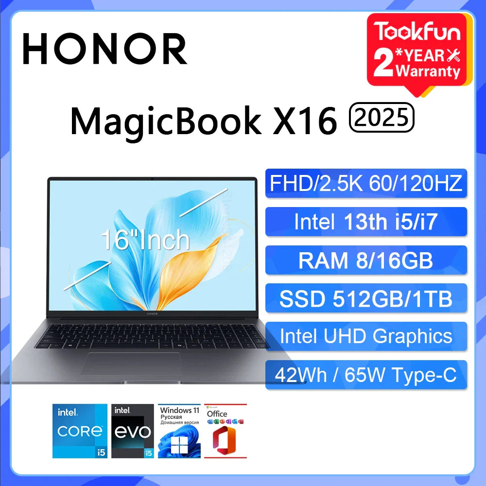 HONOR MagicBook X16 2025 Laptop Intel Core i5-13420H i7 RAM 16GB SSD 512G 1TB 16"Inch FHD Notebook Ultrabook Computer PC BRG-565