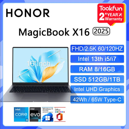 HONOR MagicBook X16 2025 Laptop Intel Core i5-13420H i7 RAM 16GB SSD 512G 1TB 16"Inch FHD Notebook Ultrabook Computer PC BRG-565