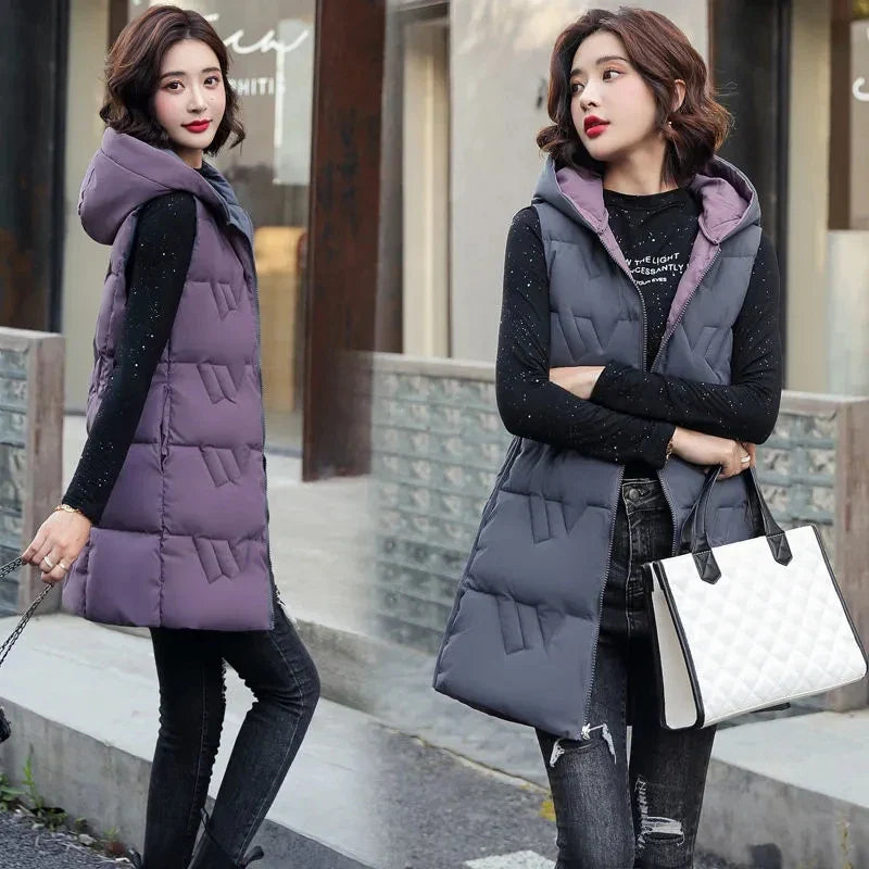 Double Side Vest Korean Slim Hooded Down Cotton Vest Women Waistcoat Sleeveless Jacket 2022 Autumn Winter Jacket Female Coat
