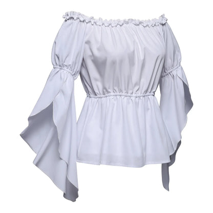 Women's Renaissance Ruffle Blouses, Ruched Sleeve Pleated Blouse, Off Shoulder Boat Neck Medieval Shirt, Victorian Shirt