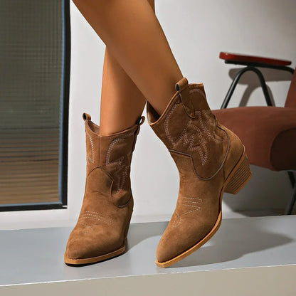 Nouvelles Chaussures Brodés à Bout Pointu Bottes de Chevalier à Talon Épais Bottes Courtes de Cowboy Western Rétro à Enfiler Botas De Mujer 2025