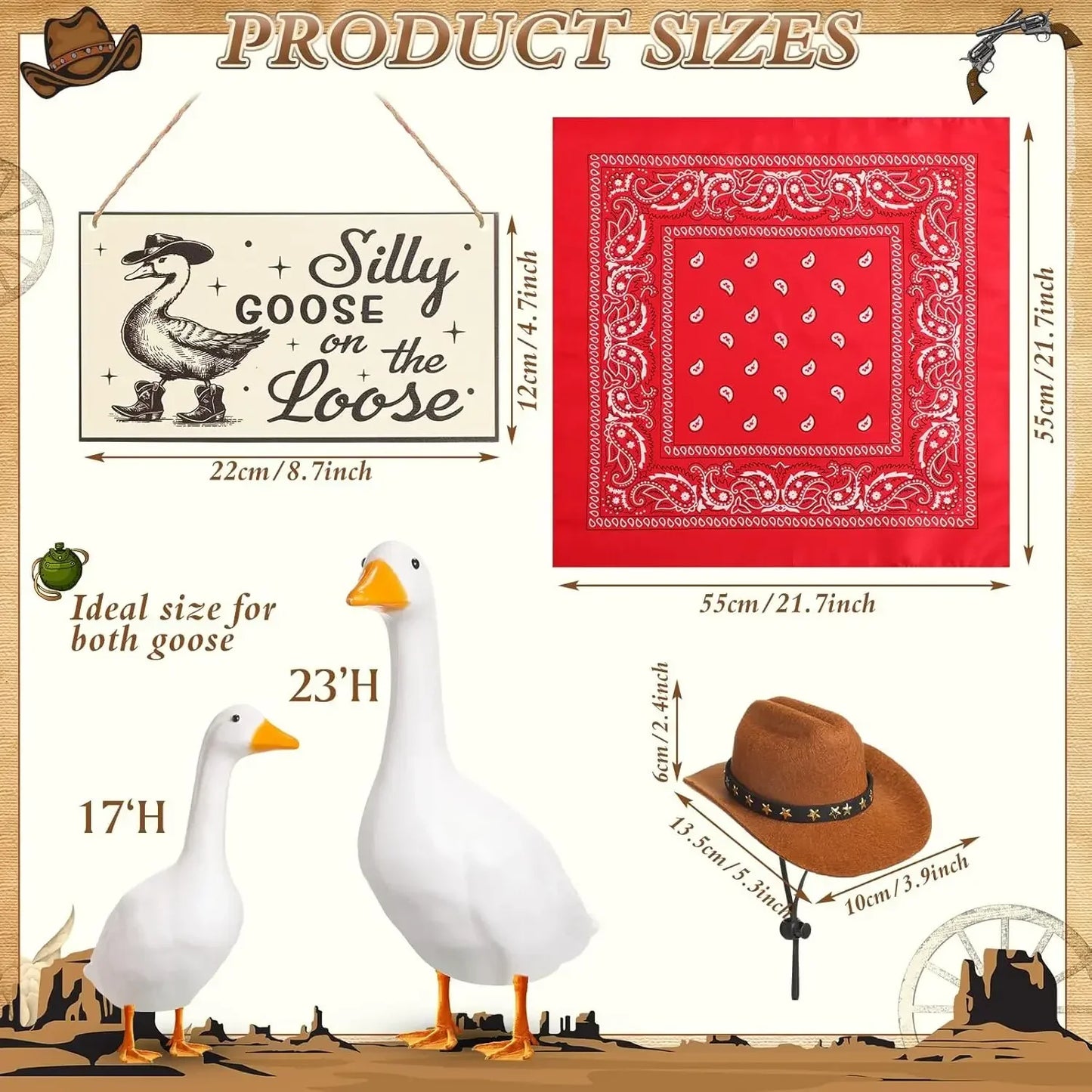The Loose Hangings Sign Cowboy Goose Outfit with Cowboy Hat and Red Bandana for 23" Cement/Plastic Goose Outdoor Statue Patio