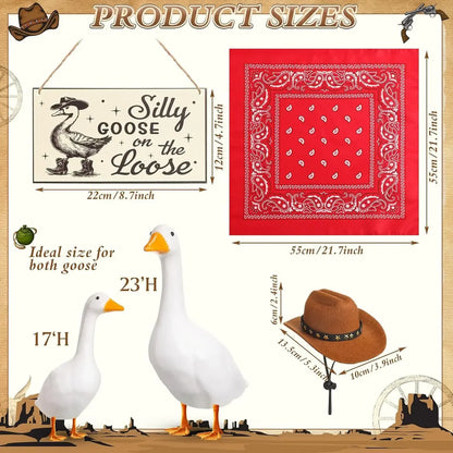 The Loose Hangings Sign Cowboy Goose Outfit with Cowboy Hat and Red Bandana for 23" Cement/Plastic Goose Outdoor Statue Patio