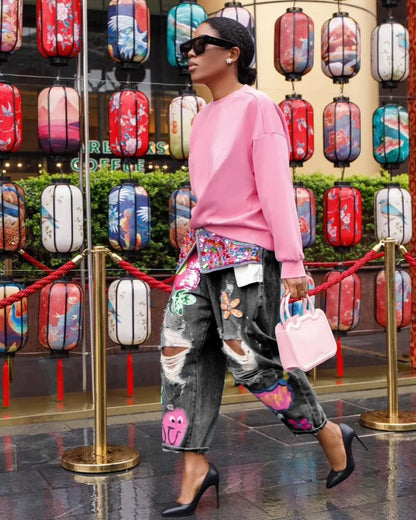 FAGADOER Jean ample à imprimé et couture diamant avec trous pour femme, taille haute, bouton, poche, en denim, pantalon décontracté, streetwear féminin