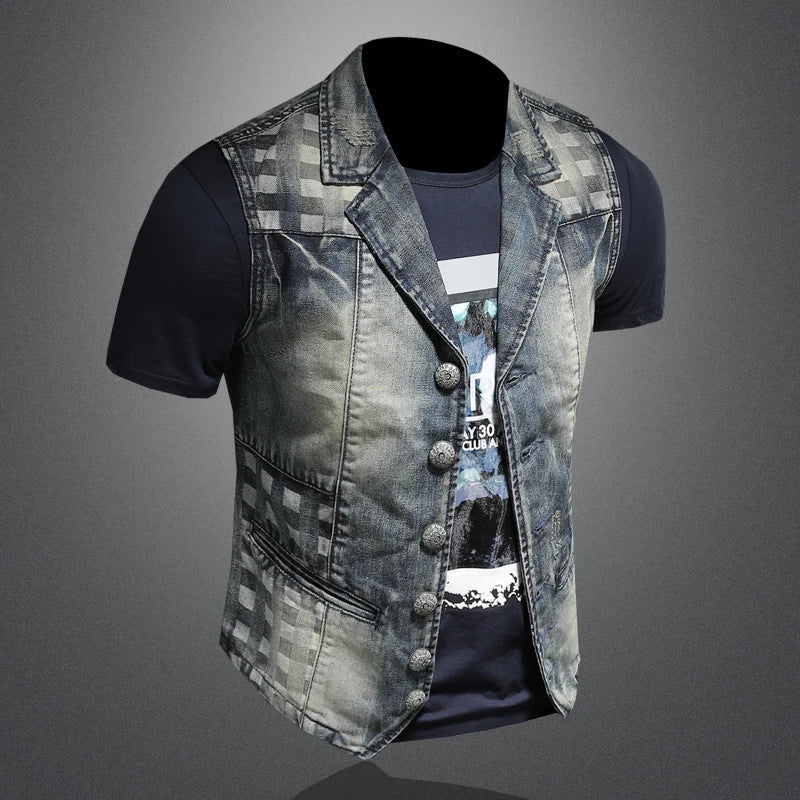 2024 Punk Embroidered Cowboy Waistcoat for Men Fashion Handsome Autumn New Personality Suit Collar Literary High Quality