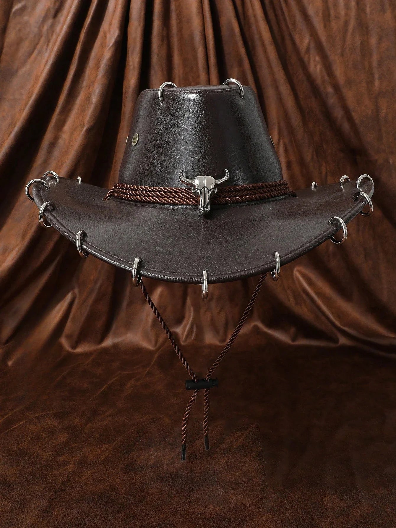 HongLuan – Chapeau de cowboy unisexe en cuir PU noir réglable, style occidental, idéal pour les voyages, avec badge tête de taureau, pour l'extérieur