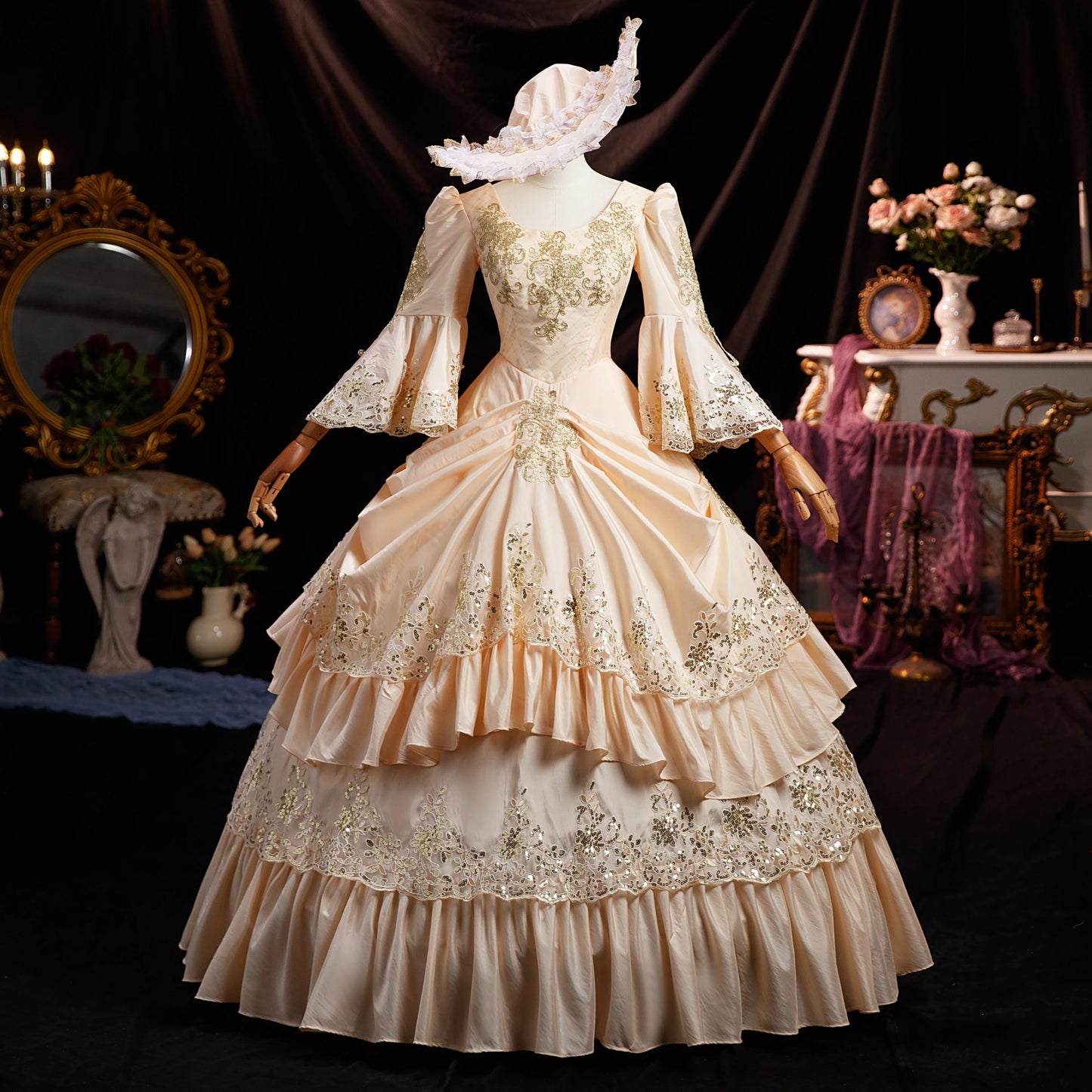 Robe de bal Marie-Antoinette géorgienne en satin, robe de soirée victorienne pour femme