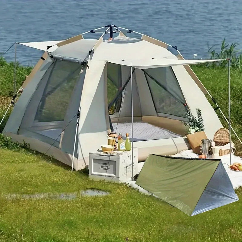 Tente d'urgence équipée d'une couverture isolante verte durable, résistante au froid et à la pluie, parfaite pour le camping et les activités de plein air