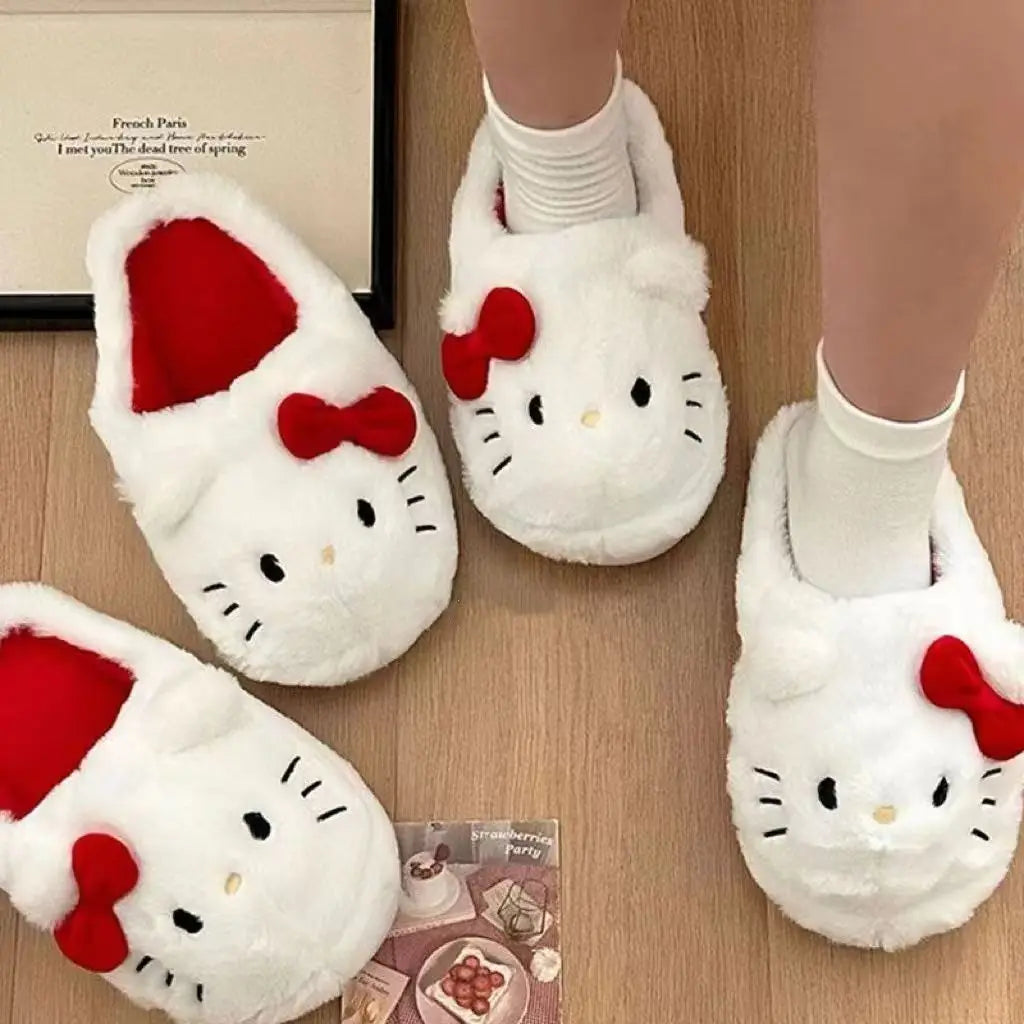 Sanrio Hello Kitty Plush Slippers Kawaii Keep Warm Anti-slip Autumn Female Winter Bedroom Student Child Cute Plush Slippers