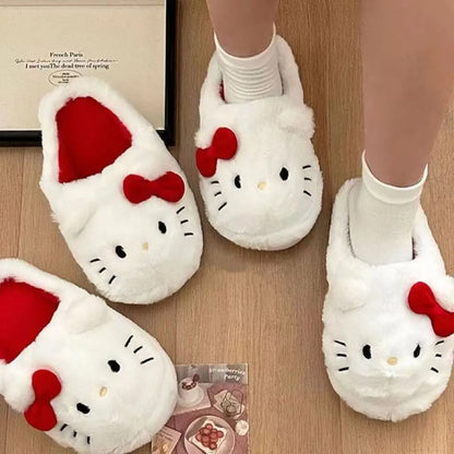 Sanrio Hello Kitty Plush Slippers Kawaii Keep Warm Anti-slip Autumn Female Winter Bedroom Student Child Cute Plush Slippers