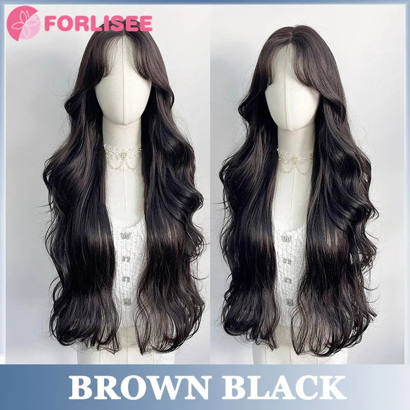 Pink Blonde Highlights Long Wavy Wig Synthetic Colorful Lolita Cosplay Hair Wigs with Bangs for Women Heat Resistant Daily Use