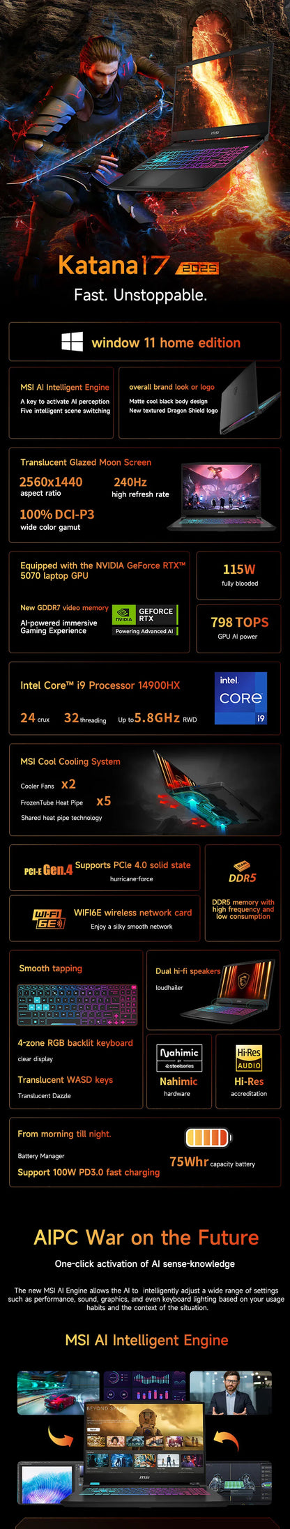 2025 MSI Katana 17 HX Gaming Laptop 17.3 Inch 2.5K QHD 240Hz IPS Screen Netbook i9-14900HX 32GB 2TB RTX5060 Notebook Computer PC
