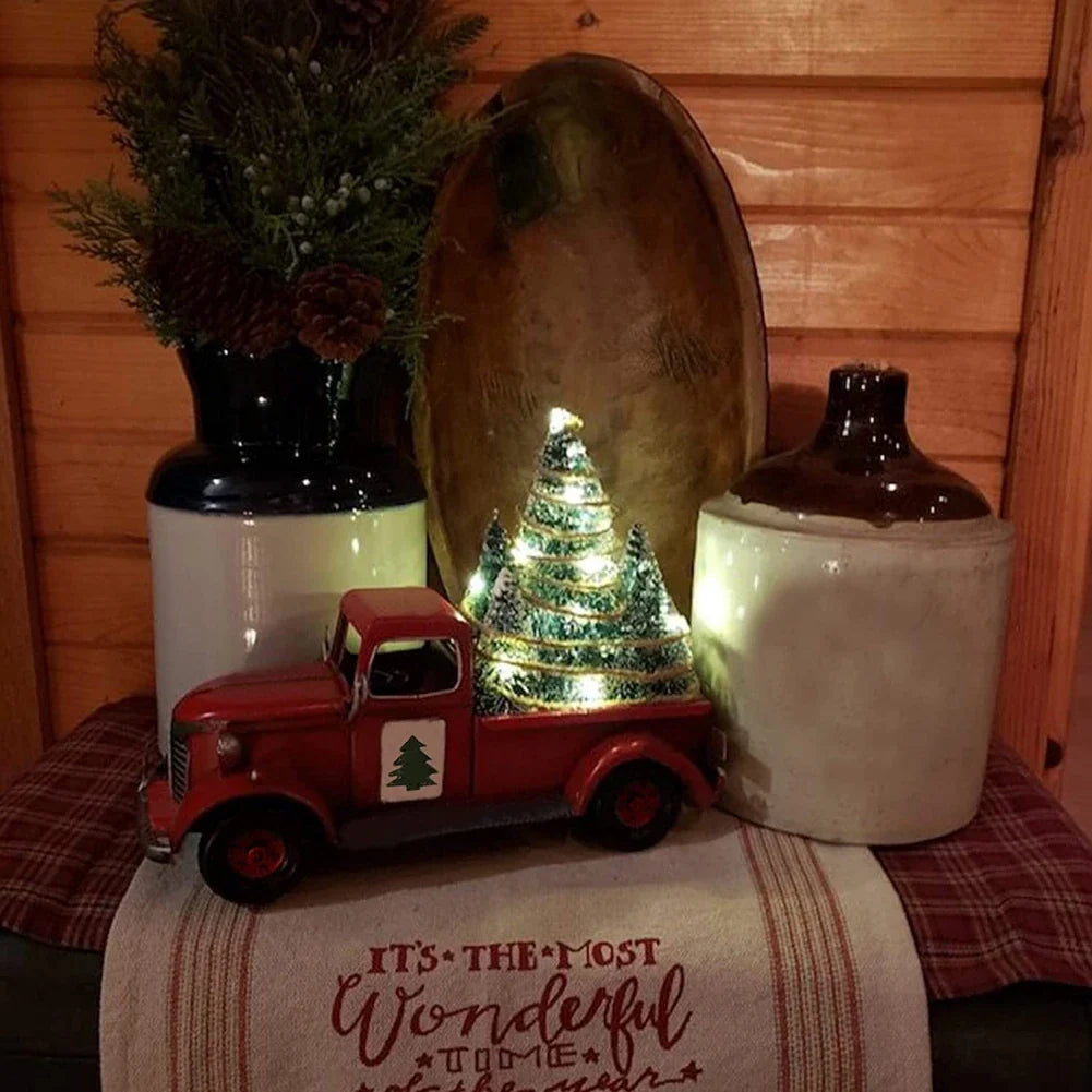 Christmas Retro Red Truck Ornaments Metal Car With Mini Green Tree And Box Xmas Table Decoration