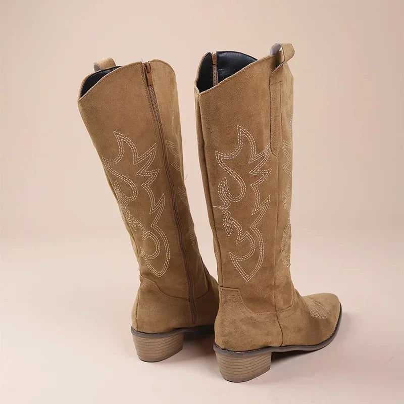 Bottes de cowboy Western brodées pour femmes, bottes hautes à talons épais et bouts pointus, en cuir PU souple, longues, pour l'automne.