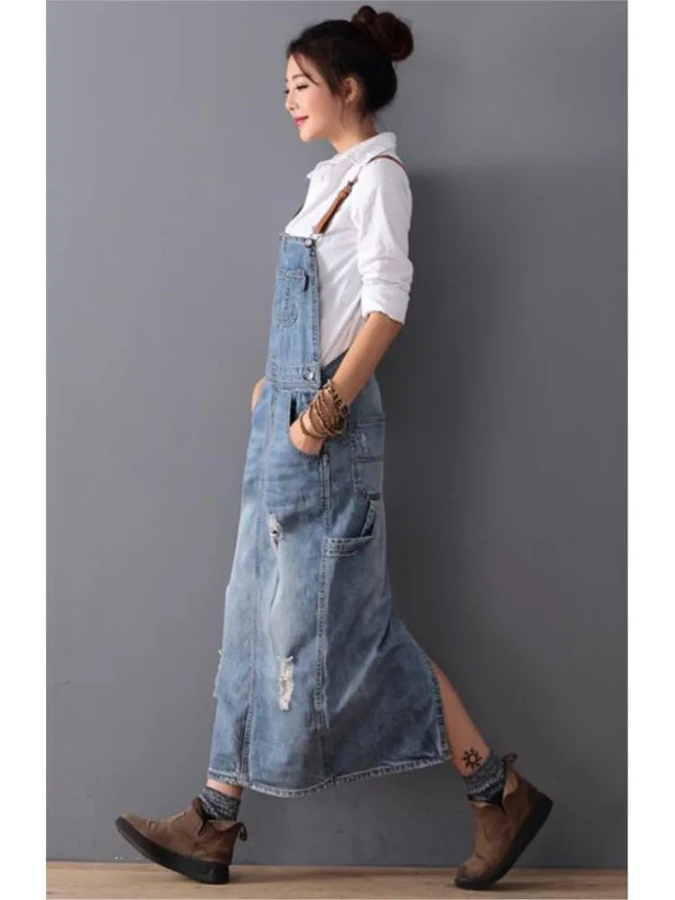 Robe longue en jean décontractée pour femmes, robe en jean délavé avec trous, robe en jean déchiré vintage à bretelles pour femmes