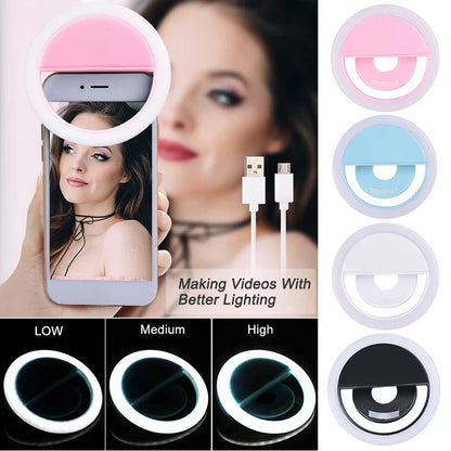 Mini Anneau Lumineux LED Rechargeable, Éclairage à 3 Niveaux, pour Téléphone, Tablette et Ordinateur Portable