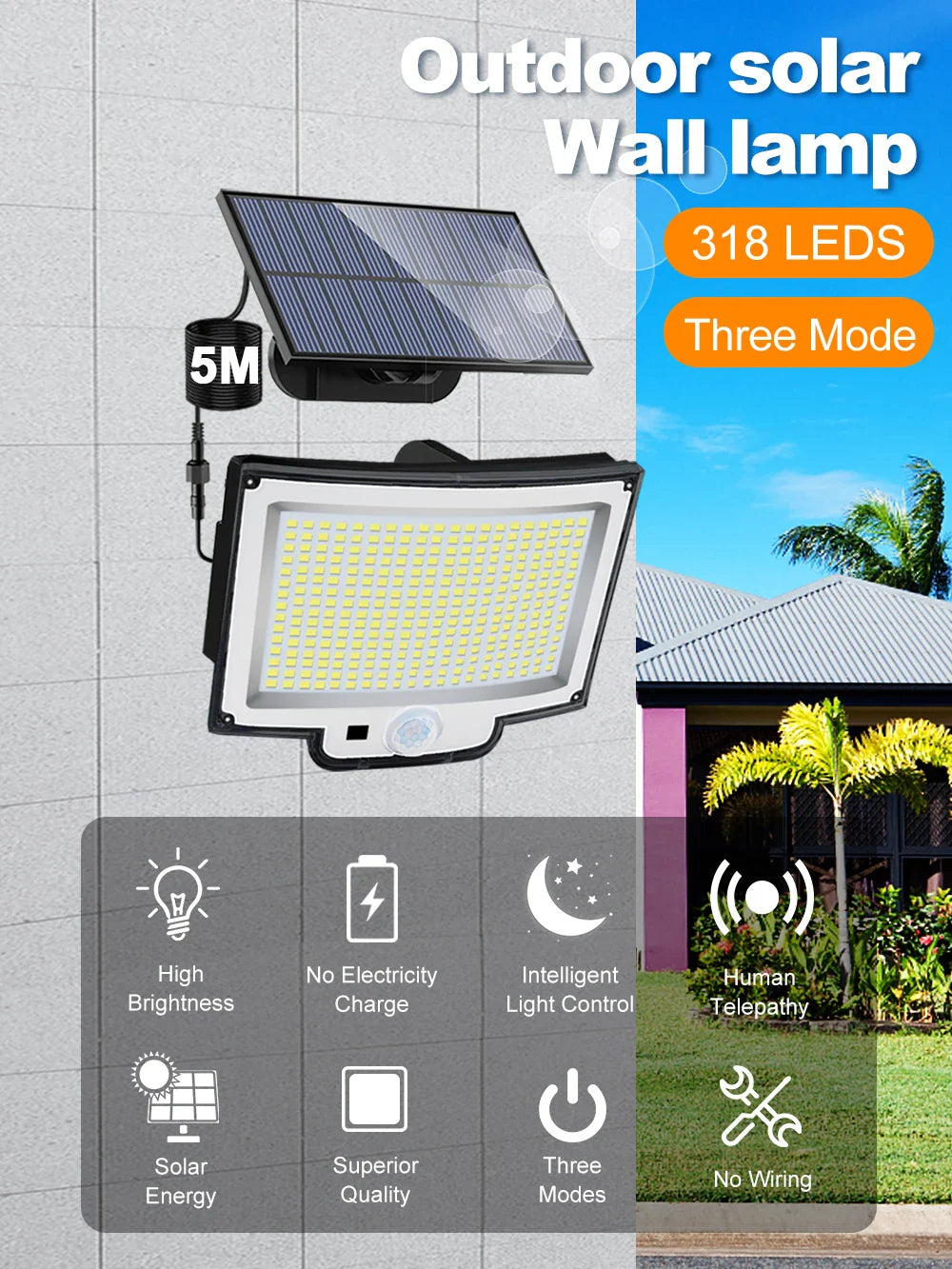 Lumières d'inondation solaires extérieures 106/318 LED lumières de mouvement solaires lumières de sécurité solaires à distance appliques murales étanche 3 Modes jardin