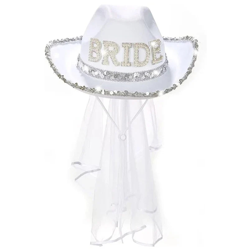 Funny Cowboy Cowgirl Bride Hat with Mesh Veil Rhinestones Bride Letter Wide Brim Hat Bachelorette Wedding Party Props