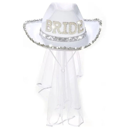 Funny Cowboy Cowgirl Bride Hat with Mesh Veil Rhinestones Bride Letter Wide Brim Hat Bachelorette Wedding Party Props