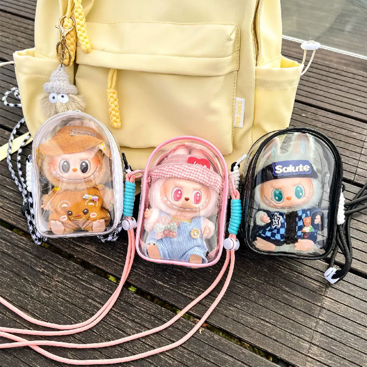Pour sac bandoulière Labubu V2 de 15 cm en coton, sac de rangement en PVC, sac d'affichage pour poupées à pompon