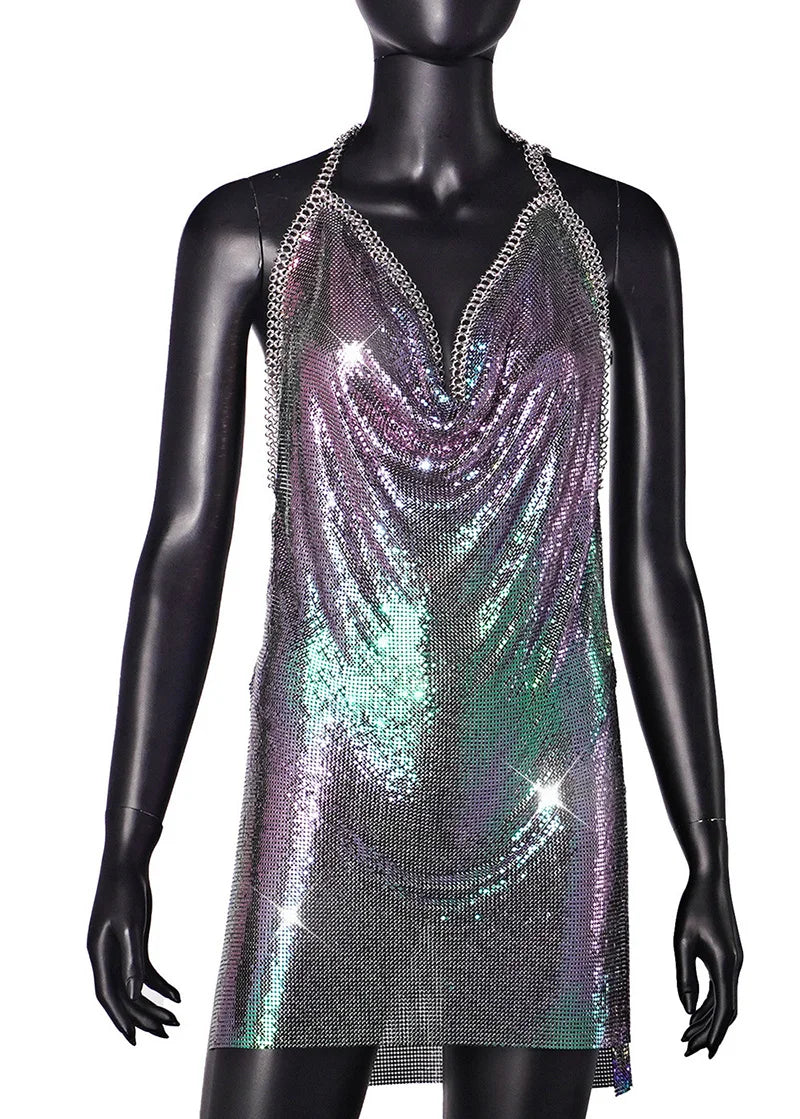 Sexy Hot Pink Glitter Sequin Party Dresses Bling Aluminum Chainmail Dress Backless Halter V Neck Side Slit Metal Party Outfit