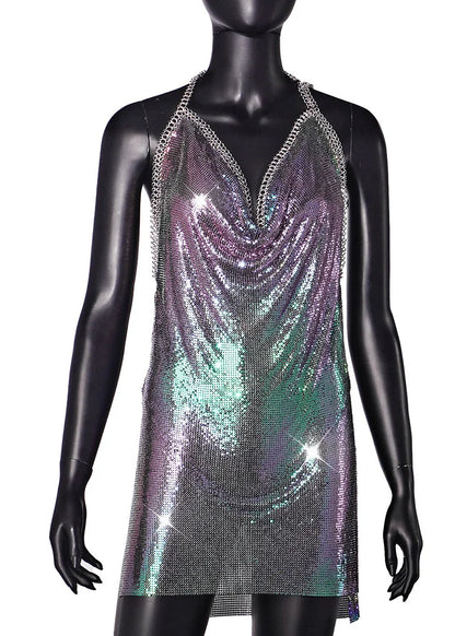 Sexy Hot Pink Glitter Sequin Party Dresses Bling Aluminum Chainmail Dress Backless Halter V Neck Side Slit Metal Party Outfit