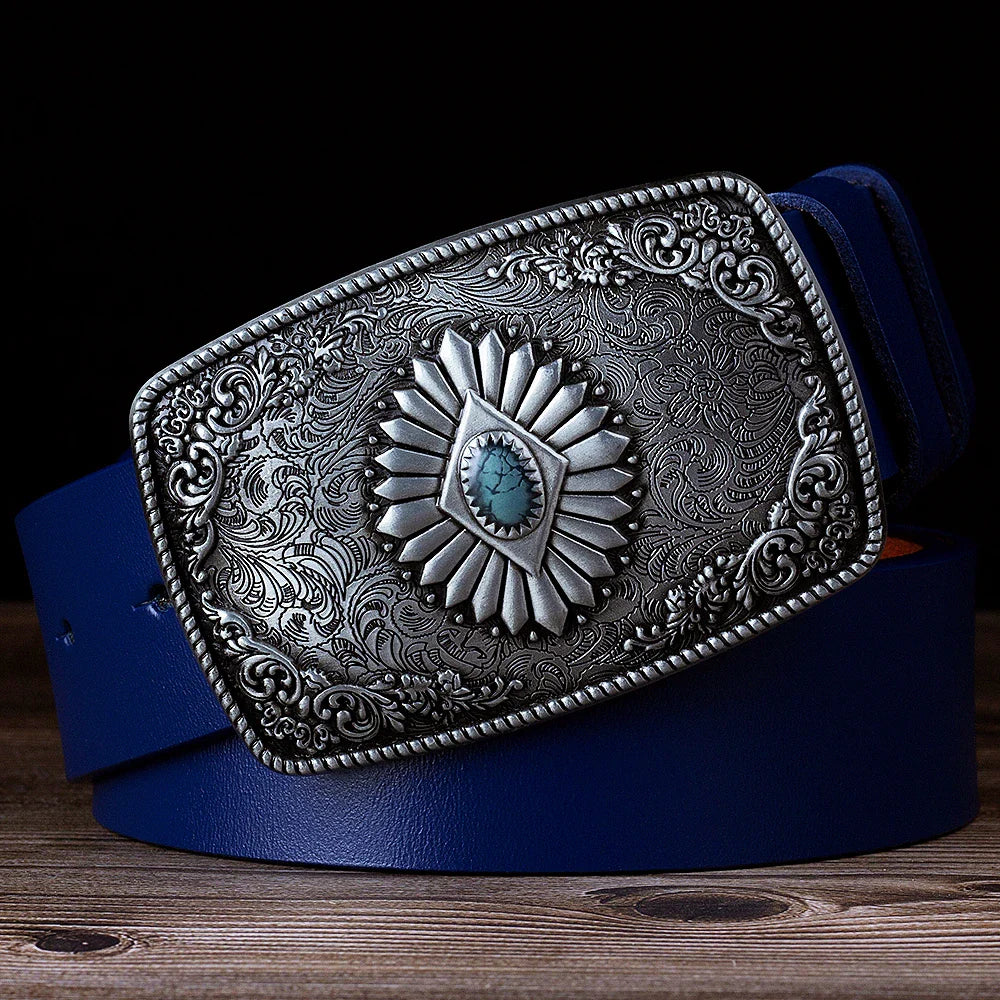 Ceinture classique en cuir véritable avec boucle émail saphir et motif floral sculpté en argent pour femmes et hommes, cadeau