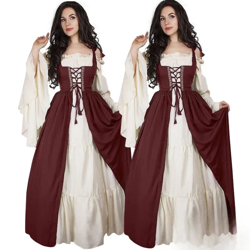 Medieval Cosplay Costume Women Long Sleeves Vintage Robe Fairy Elven Dress Renaissance Princess Court Dresses