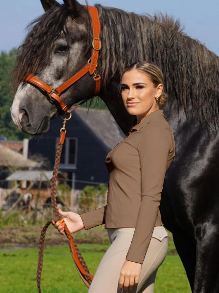 MXLLINA Tee-shirts d'équitation bordeaux femme hauts équestres doux à manches longues pour femme cavalière chemise de base vêtement
