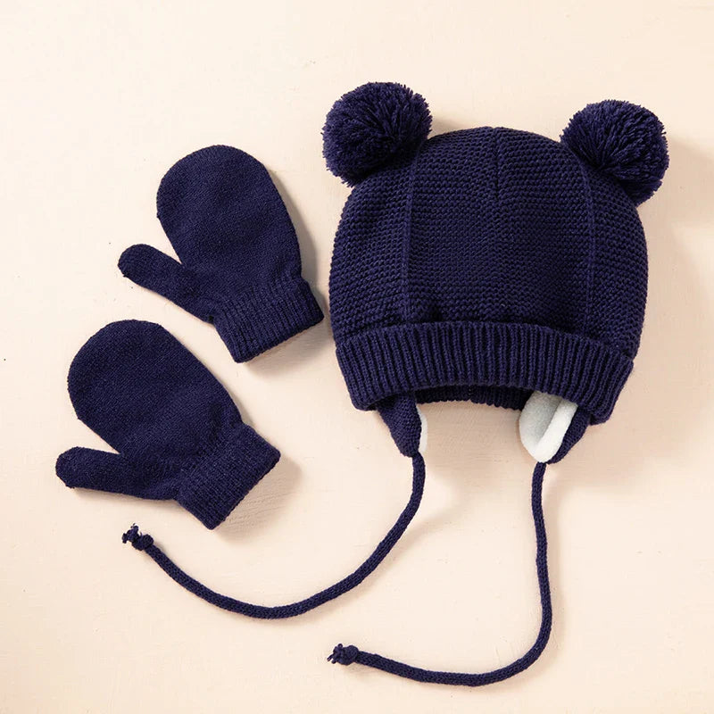 Ensemble de gants et bonnets en tricot pour bébé, protection des oreilles pour bébé, bonnet pour tout-petit, document solide, mignon, guerre en plein air, filles et garçons, automne et hiver, 2 pièces