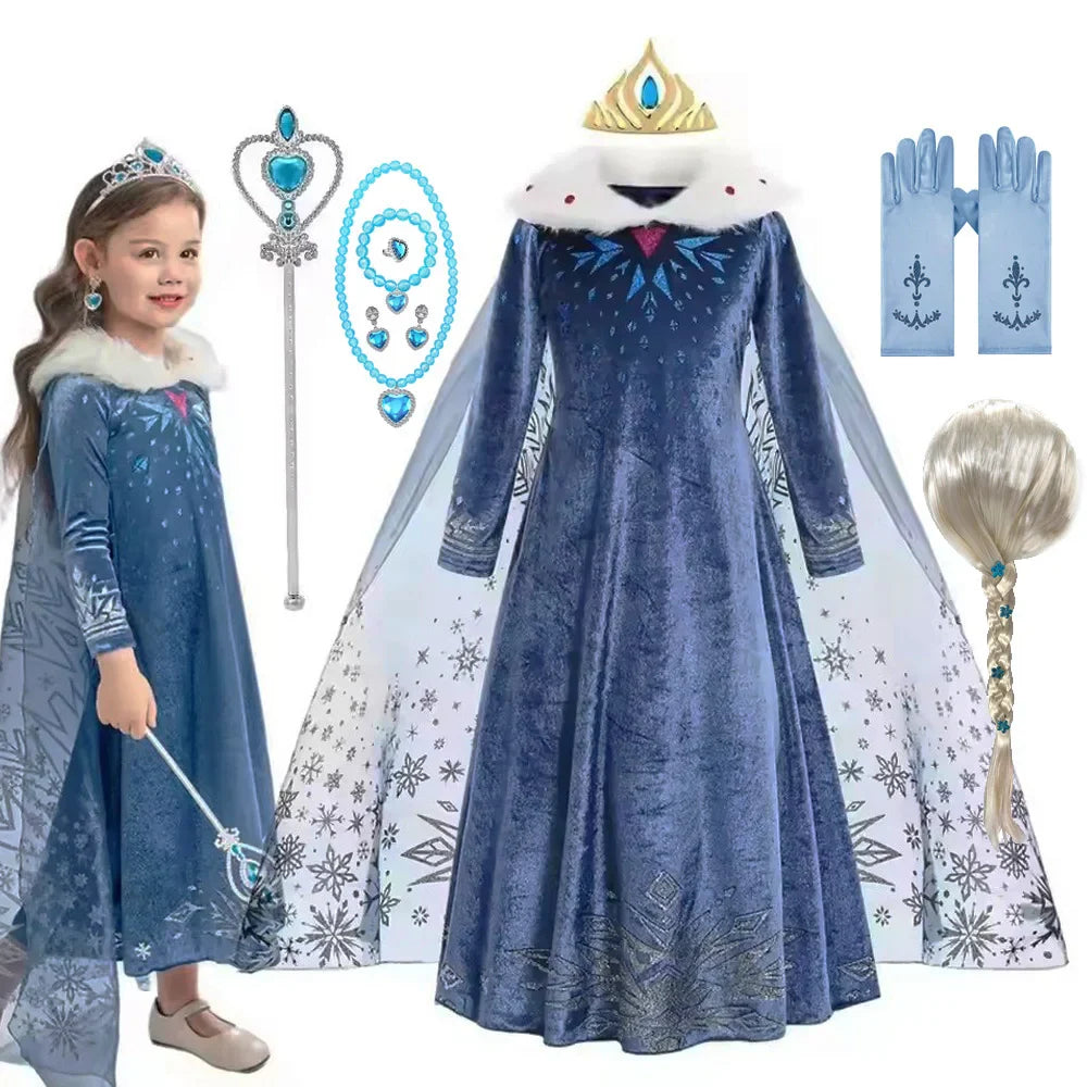 Costume Elsa Fille Robe Bleue Manches Longues Enfants Cosplay Princesse Déguisement Fête d'Halloween Anniversaire