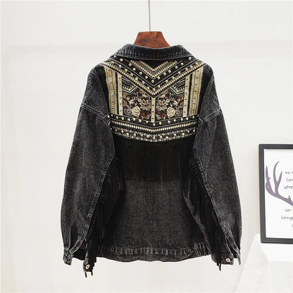 Rivet Embroidery Tassel Denim Jacket Women Loose Long Sleeve Short Outwear Spring Autumn Fashion Black Jeans Jacket Coat Female