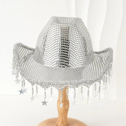 Creative Sequin Cowboy Hat for Women, Shiny Cowgirl Hat, Wide Brim Hat, Western Glitter Star, Tassel, Theme Party Cap, 2025
