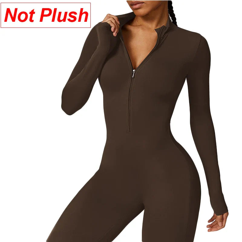 Combinaisons de sport chaudes en peluche pour femmes, survêtement une pièce, Fitness, ensembles de gymnastique d'hiver, manches longues, body d'exercice noir pour femme