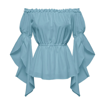 Women's Renaissance Ruffle Blouses, Ruched Sleeve Pleated Blouse, Off Shoulder Boat Neck Medieval Shirt, Victorian Shirt